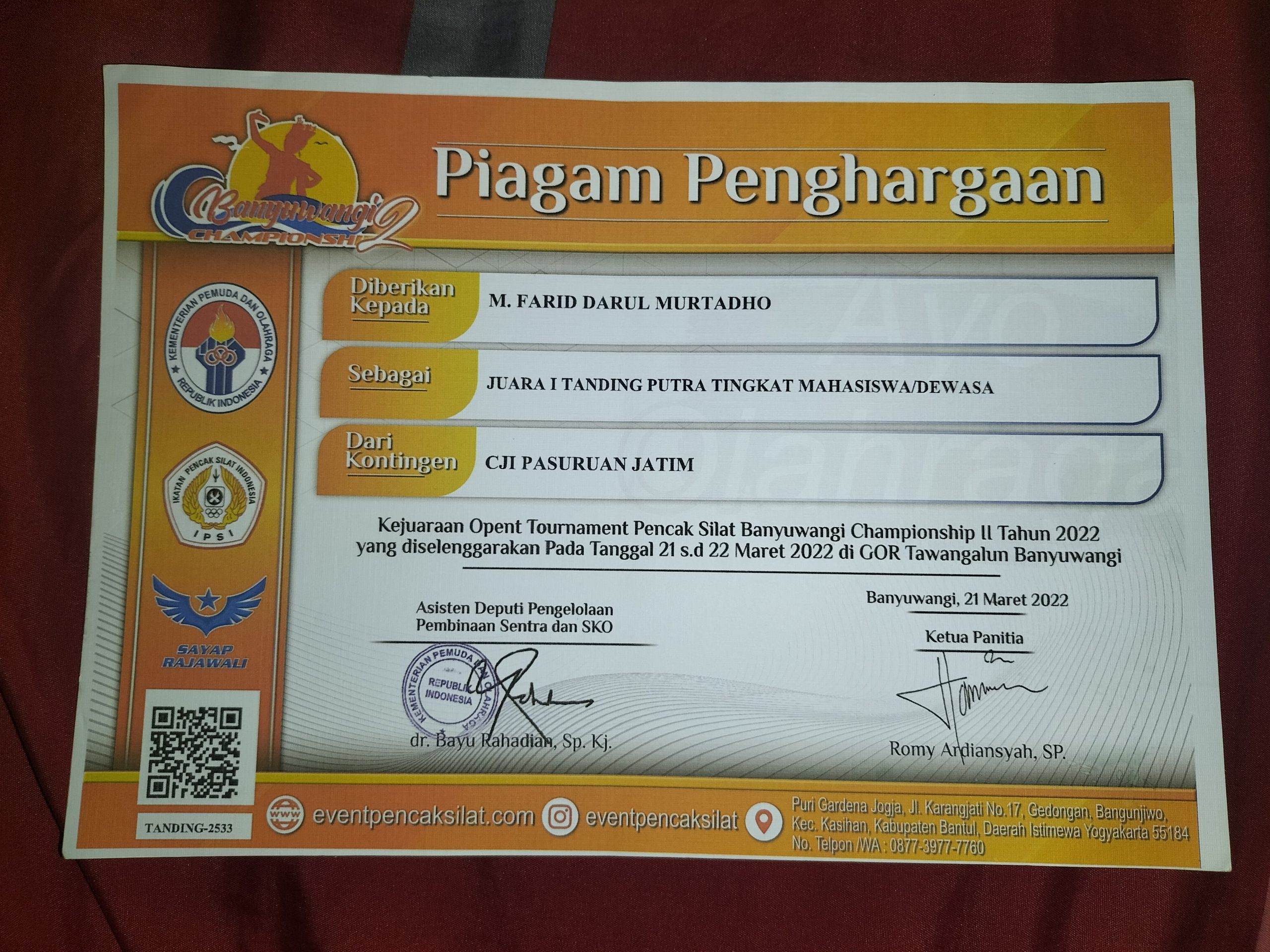 Juara 1 di Kejuaraan Internasional Open Tournament Pencak Silat Banyuwangi Championship II